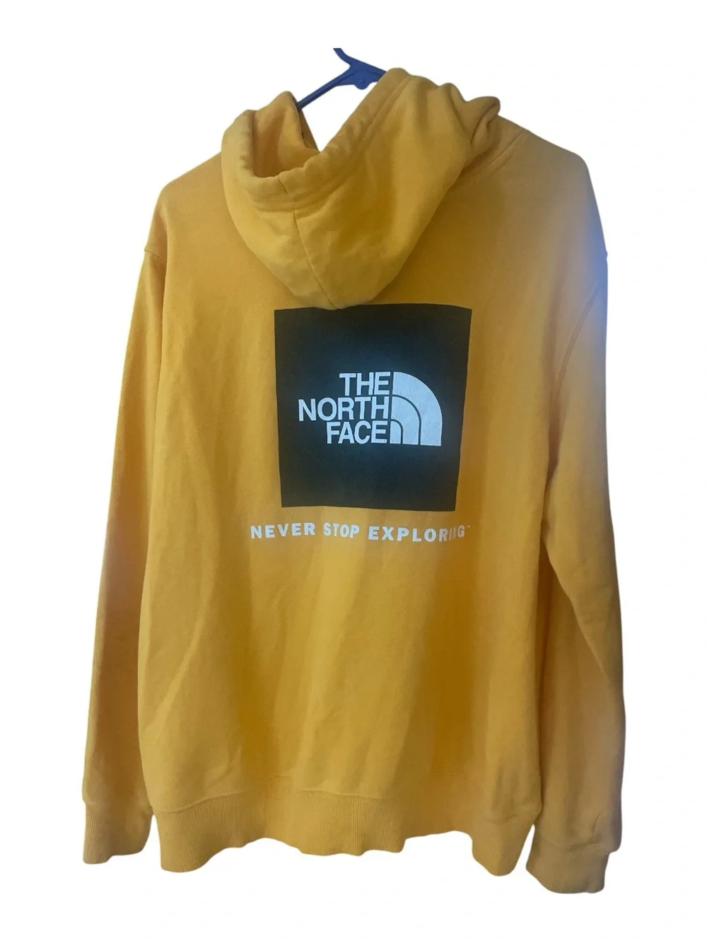 The North Face Yellow Hoodie Box Logo Never Stop Exploring Sweatshirt Mens Large